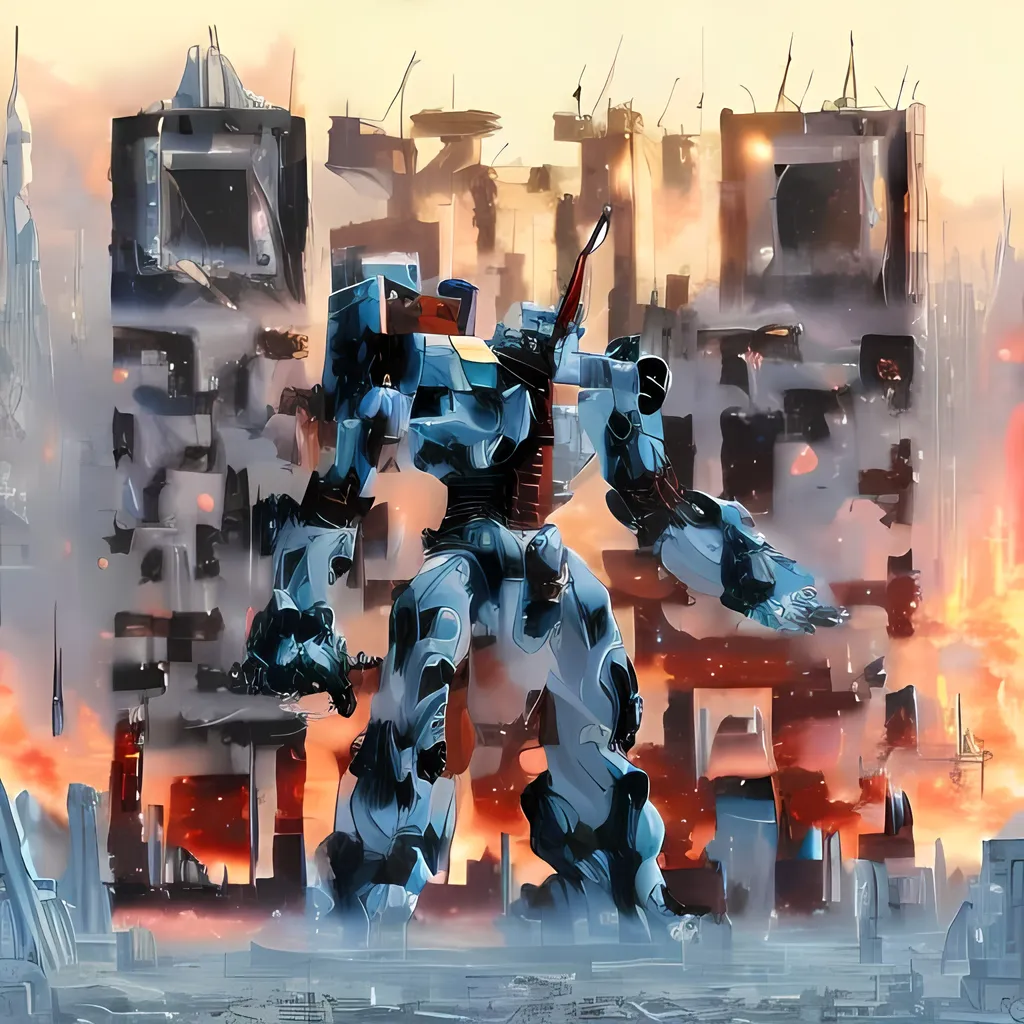 Prompt: masterpiece, best quality, mecha, no humans, black armor, blue eyes, science fiction, fire, laser canon beam, war, conflict, destroyed city background