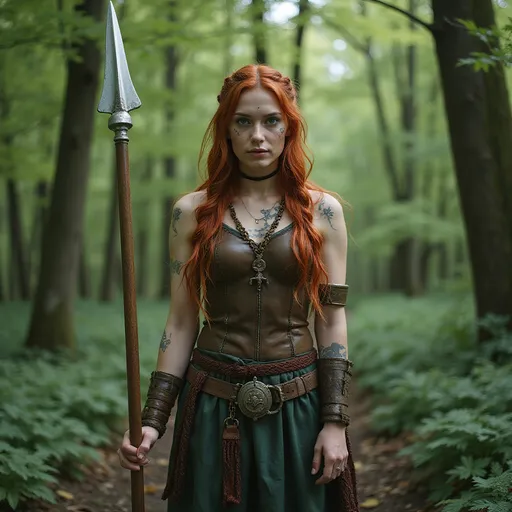 Prompt: A fierce 28-year-old Viking Shieldmaiden with red hair in braids, icy blue eyes, and face tattoos stands confidently in a lush, green forest, holding a spear, posed straight with hands relaxed in a dramatic stance. Set against a fantasy world backdrop of blurred foliage, the scene is lit by soft, natural daylight, enhanced with a silver reflector for subtle highlights. Shot in a dramatic style inspired by Elina Brotherus, the Sigma sd Quattro H’s **24-70mm f/2.8 DG lens** (f/2.8) creates a shallow depth of field, softly blurring the greenery to emphasize her powerful presence. **Settings**: ISO 100, shutter speed 1/200s, Daylight white balance (5500K). The image features subtle film grain and a vibrant, earthy color grading, evoking a mystical, warrior spirit.