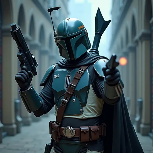 Prompt: photorealistic, (Mandalorian in a heroic pose), (two blasters in hand), cool color scheme, dynamic composition, high detail, dramatic shadows, cinematic atmosphere, compelling setting, evocative lighting, powerful stance, strong presence, ready for action, ultra-detailed, 4K quality.