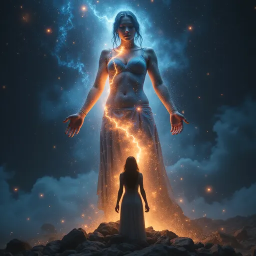 Prompt: A powerful, ethereal scene unfolds as a woman stands at the center, her body torn asunder, revealing a mesmerizing light show of swirling galaxies, vibrant nebulae, and twinkling stars cascading from within her. Luminescent hues of deep blues and fiery oranges contrast against the darkness of space, creating a stunning spectacle. Wisps of stardust float around her, gently illuminated by the glowing cosmos. The woman's expression is one of serene acceptance, as if she is both witnessing and embracing her transformation. Ethereal currents of energy radiate from her, shimmering with vibrant colors. The atmosphere is charged with cosmic energy, against a backdrop deep with inky blacks and shimmering specks of starlight, evoking a sense of wonder and deep connection to the universe. This visual narrative thrives in a style reminiscent of dark fantasy concept art, where beauty and terror intertwine.