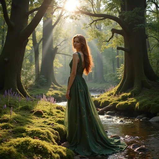 Prompt: (masterpiece), (best quality), (ultra-detailed), photorealistic, 8k, RAW photo, a breathtakingly beautiful woman, (ethereal beauty:1.1), ( регистрации:1.05), glowing skin,
in an enchanted forest glade, late afternoon sunbeams, dappled light filtering through ancient trees, dust motes dancing in the light,
standing amidst vibrant green moss and ferns, scattered wildflowers in hues of deep purple, [golden yellow], and [crimson red],
a clear, shallow stream gently winding through the glade, smooth river stones visible beneath the water,
tall, ancient trees with gnarled bark and sweeping branches, sunlight catching the edges of leaves,
the air feels magical and serene, a sense of peaceful solitude,
the woman is wearing a flowing gown of [forest green] silk and [earthy brown] linen, intricately embroidered with subtle patterns of leaves and vines, the fabric catching the light and shimmering softly,
her pose is relaxed and natural, perhaps one hand gently touching a tree trunk or reaching out towards a sunbeam, a slight turn of the body,
her expression is one of serene contemplation, a soft smile plays on her lips, her eyes (sparkling with inner light:1.05), looking slightly off-camera towards the light,
(soft, natural makeup), subtle highlights on cheekbones and collarbone from the sun,
(wind gently blowing strands of her [long, flowing auburn] hair across her face:1.1),
(shallow depth of field), focus sharp on the woman's face and the immediate foreground, background softly blurred into a bokeh of green and gold light,
(eye-level shot), (medium shot), capturing the woman from the waist up,
shot on a [Sony Alpha a7 IV] with a [Zeiss Batis 85mm f/1.8] lens,
(cinematic lighting), (golden hour light), rim lighting around her form,
colors are rich and saturated, highlighting the natural beauty of the forest and the woman,
(intricate details on the dress and surrounding foliage:1.1),
(atmospheric perspective), slight haze in the distance adding to the magical feel.