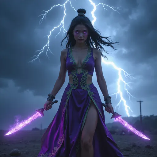 Prompt: A breathtaking Asian woman stands at the edge of a desolate battlefield, the air crackling with energy as vivid lightning arcs overhead. Clad in a striking purple dress adorned with intricate lime green patterns that catch the dramatic flashes of light, it reveals a deep cut enhancing her fierce yet regal presence. Her piercing purple eyes glow ominously, reflecting the power coursing through her veins. She brandishes two purple glowing daggers, their light contrasting with the ominous dark clouds swirling above. Her hair flows dramatically in the charged winds, framing her determined expression as she strikes a heroic stance, embodying strength and defiance against the tempest around her. This scene, vibrantly detailed in cinematic lighting and photorealistic style, evokes a sense of otherworldly battle and untamed spirit.