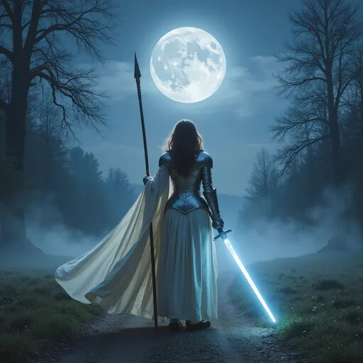Prompt: fantasy, warrior woman, moonlight, hyperrealistic, full shot, a woman in full plate armor, light gray/silver armor with flowing, light cream/off-white gown,  long wavy brown hair, holding a large spear, and a long, glowing light blue sword.  Large,  bright, blue-white moon in center of sky, star-dusted night sky. Foggy, mystical, forest-like landscape, dark trees.  A path of dark brown/grey dirt and short grass.  Dramatic lighting, emphasizing the armor and sword.  Art style is like a photorealistic painting with a slightly ethereal quality.  Focus on the armor details.  Epic, majestic, serene,  dramatic,  dreamlike.
