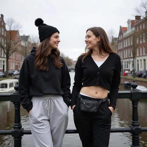 Prompt: (masterpiece), (best quality), (ultra-detailed), photorealistic, 8k, RAW photo,
Two young women, friends, smiling and looking at each other, standing on a bridge,
overlooking a picturesque canal, traditional European buildings lining the water, [Amsterdam] style architecture, boats moored along the canal, cloudy sky, overcast lighting,
The woman on the left is wearing a black beanie, a black cropped hoodie, and light grey sweatpants, (casual style),
The woman on the right is wearing a black cropped button-up cardigan, black sweatpants, and a black fanny pack worn across her chest, (casual style),
Both women have natural-looking hair, styled down,
Friendly interaction, natural poses, genuine smiles,
Medium shot, eye-level perspective, capturing the women and the canal background,
Detailed textures on clothing fabric, brick bridge railing, and building facades,
Soft, diffused natural light typical of an overcast day, even lighting,
Colors are realistic, muted tones reflecting the cloudy weather,
(depth of field), focus sharp on the women, background slightly softened,
Shot on a [Sony Alpha camera] with a [standard zoom lens].