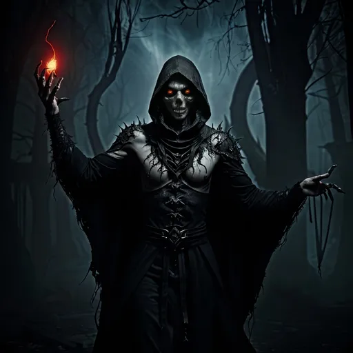 Prompt: (Undead Warlock) in ominous attire, casting a swirling, dark spell, intense glow in the background, Shadowy tendrils rising, haunting expression, intricate arm tattoos, tattered cloak, mystical artifacts scattered around, (detailed energy effects), murky environment, overall atmosphere of dark magic and mysticism, (HD), (ultra-detailed), captivating composition.