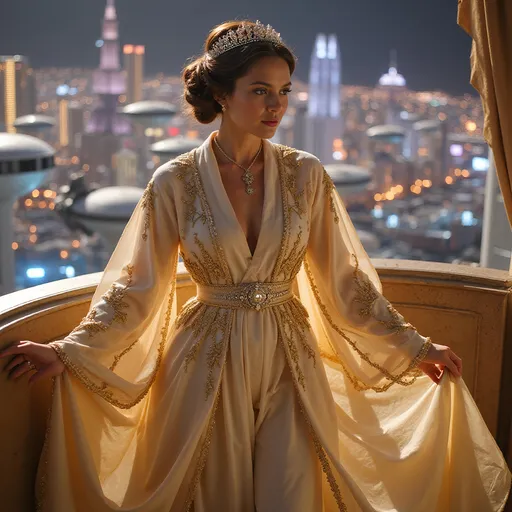 Prompt: A breathtakingly beautiful woman, radiating confidence and grace, embodies Princess Leia from Star Wars.  Her flowing, vibrant gold-and-white princess gown shimmers under the soft, warm light, highlighting intricate embroidery and the delicate sheen of sculpted fabric.  Her expressive eyes, a captivating hazel brown, sparkle with a hint of mischief, mirroring the intelligence and resilience of the character. A delicate silver tiara, crafted with glittering gems, rests atop her head, perfectly complementing the elegant, almost ethereal beauty of her posture.  She stands poised on a lavishly decorated balcony overlooking a bustling, brightly lit cityscape, typical of a futuristic Star Wars spaceport.  The cityscape, a vibrant tapestry of shimmering chrome buildings and hovering spaceships, fills her vision with the energy of a sprawling metropolis.  A soft, echoing hum from the working engines of the spaceships fills the air around her, while the distant blaster fire sound like distant pyrotechnics create an almost ceremonial atmosphere.  The sheer scale and opulence of the scene suggest the sheer power and influence of the character she so skillfully embodies.
