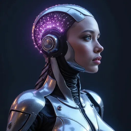 Prompt: A hyperrealistic 3D render of a female cyborg, captured as a raw photo, showcasing a complex mesh array aura.  The intricate meshwork, detailed down to the molecular level, emanates deep, vibrant colors, pulsing with inner light.  Sharp, detailed highlights accentuate the polished chrome and metallic surfaces of the armor plating, contrasting with the deep shadows of a dark navy background. The cyborg's form is both elegant and powerful, featuring meticulously rendered flesh tones with subtle veins and textures.  Her eyes, glowing with an otherworldly luminescence, are deep, shadowed pools of amethyst. Fine lines of light sculp the surface of her armour.  The overall scene is highly detailed and meticulously rendered to convey a sense of advanced technology and a deep, complex beauty found within the intricate nature of the mesh array.  A palpable, almost tangible sense of energy radiates from the aura, emphasizing the cyborg's strength and advanced capabilities.
