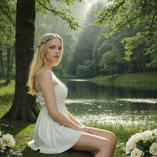 Prompt: (1girl), sitting in a serene forest setting, bare shoulders, (blonde hair cascading), (blue eyes gazing at viewer), (white dress), with a subtle bouquet of flowers, showcasing beauty, lush green grass and a glistening lake, a charming Christmas tree in the background, sunlight filtering through the trees, creating a warm, inviting atmosphere, (realistic), (highly detailed), (nature ambiance), (photorealistic), peaceful day, surrounded by vibrant flora, delicate lips.