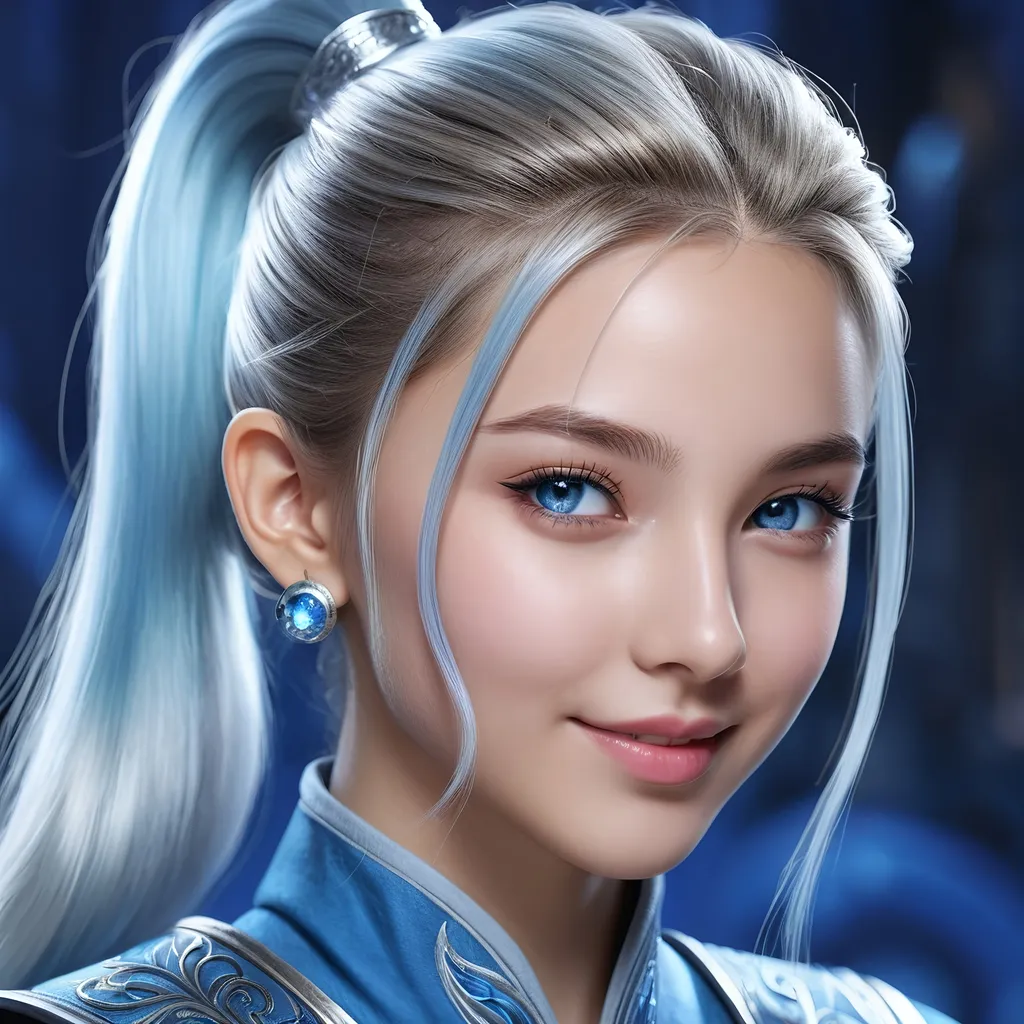 Prompt: photorealistic, close-up of a (young mage) with a (ponytail hairstyle), winking playfully at the photographer, (cool color scheme) emphasizing shades of blue and silver, (detailed facial features) showcasing a confident expression, (intricate magic-themed accessories), subtle mystical aura in the background, (highly detailed) and (high quality) rendering.