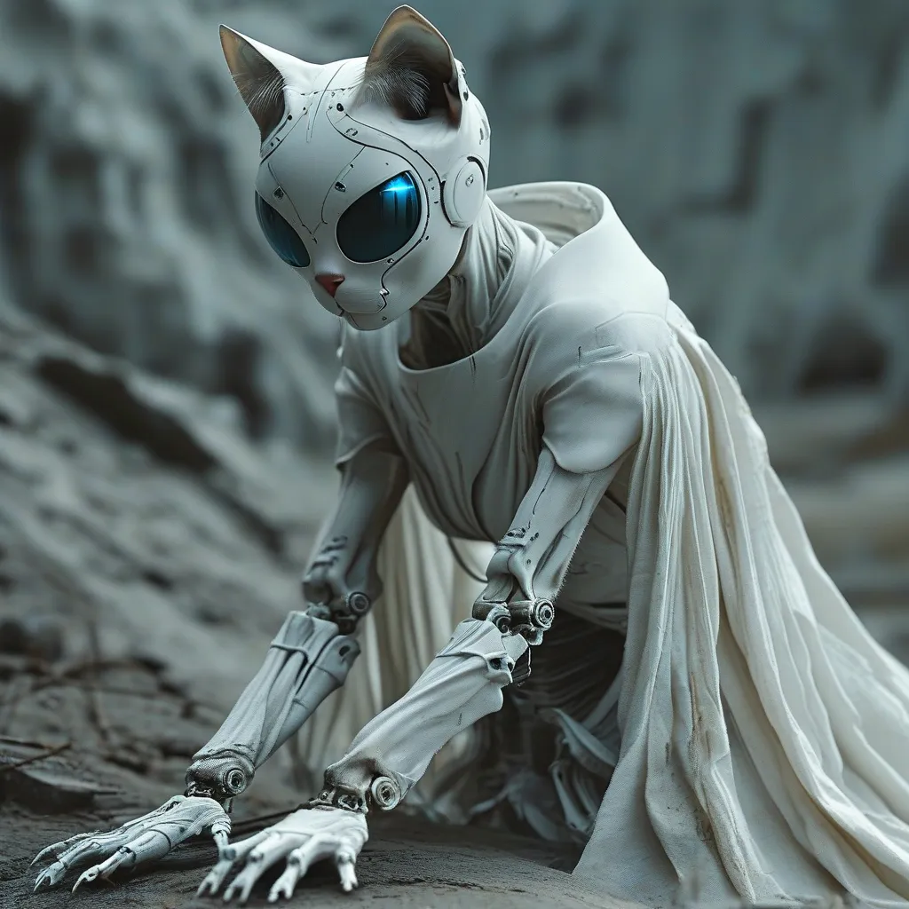 Prompt: Crouched low to the ground, a striking figure emerges, cloaked in a dirty, oversized white suit that evokes a sense of both futurism and decay. The humanoid's head features a distinctive cat-like shape, adorned with a screen that emits an eerie blue glow from its eyes, casting an otherworldly light that contrasts sharply with the muted gray-blue background. Its skeletal hands, artfully crafted and adorned with weathered straps, extend forward as if reaching for something beyond the viewer’s perspective, creating a dynamic sense of movement. The landscape is sparse, suggesting a desolate environment, perhaps a post-apocalyptic setting, while the soft, diffused lighting enhances the somber mood of the scene. This image combines elements of science fiction and existential inquiry, inviting viewers to ponder the relationship between humanity and technology.