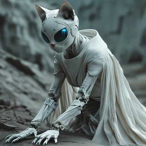 Prompt: Crouched low to the ground, a striking figure emerges, cloaked in a dirty, oversized white suit that evokes a sense of both futurism and decay. The humanoid's head features a distinctive cat-like shape, adorned with a screen that emits an eerie blue glow from its eyes, casting an otherworldly light that contrasts sharply with the muted gray-blue background. Its skeletal hands, artfully crafted and adorned with weathered straps, extend forward as if reaching for something beyond the viewer’s perspective, creating a dynamic sense of movement. The landscape is sparse, suggesting a desolate environment, perhaps a post-apocalyptic setting, while the soft, diffused lighting enhances the somber mood of the scene. This image combines elements of science fiction and existential inquiry, inviting viewers to ponder the relationship between humanity and technology.