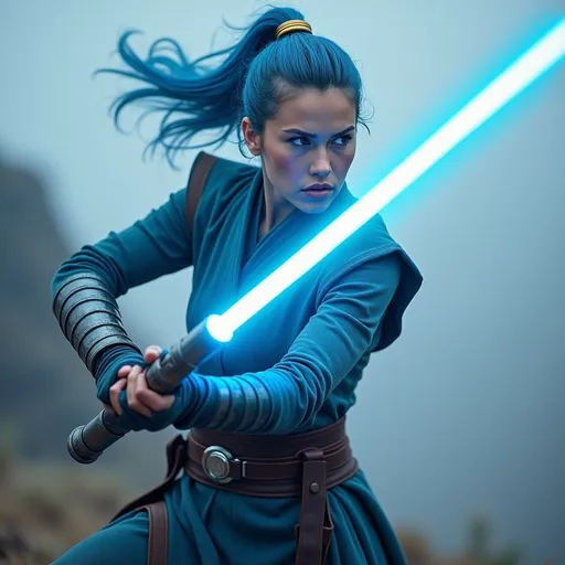 Prompt: photorealistic, (cool color scheme), a Jedi woman in cloth armor, (gold circlet on head), wielding a blue lightsaber, striking an action pose, vibrant blue horsetail flowing, detailed facial features, determined expression, misty background, showcasing a sci-fi landscape, (HD), dramatic lighting emphasizing the armor and lightsaber, sense of adventure and courage.