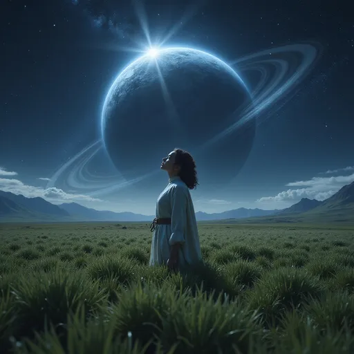 Prompt: Imagine Princess Leia standing amidst a vast, lush grass field under the velvety cloak of night, her silhouette framed by the shimmering grass that dances gently in a soft breeze. The air is cool and fresh, filled with the faint hum of nocturnal creatures. Above her, the cosmos stretches infinitely, a canvas of sparkling stars twinkling like diamonds, while a massive glowing planet adorned with radiant rings dominates the sky, casting a magical luminescence over her figure. Leia gazes upwards, her expression a mix of wonder and determination, her hair cascading like dark waves around her face. The scene is bathed in a mystical light, reflecting the spirit of adventure that defines her character. This image could embody a cinematic lighting style, capturing the enchanting beauty and grandeur of the Star Wars universe.