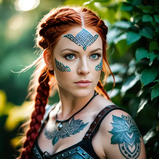 Prompt: Viking Shieldmaiden,  spear,  red hair, icy blue eyes action photography of a woman with ((braids)) wearing (face tattoos),  lush greenery,  blurred foliage,  natural lighting,  standing straight,  hands relaxed,  confident stance,  in a fantasy world,  dramatic,  shot on Sigma sd Quattro H with Sigma 24-70mm f-2.8 DG,  photo by Elina Brotherus 