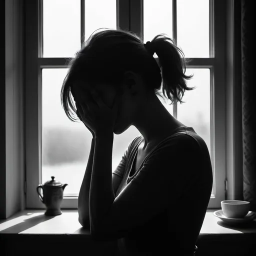 Prompt: Mono-tone digital illustration of a woman in silhouette, head in hands, upset expression, domestic setting, window background, minimalistic style, high contrast, emotional atmosphere, grayscale, moody lighting