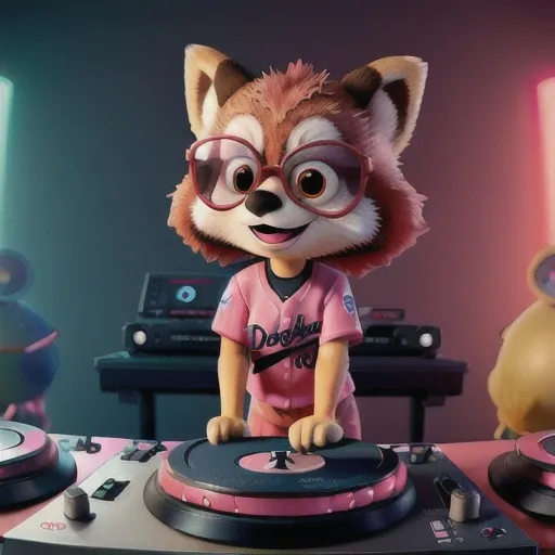Prompt: A red panda wearing a  pink LA Dodgers baseball cap  and sunglasses on two turntables like a DJ in Disney-styled art

