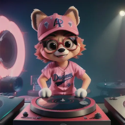 Prompt: A red panda wearing a  pink LA Dodgers baseball cap  and sunglasses on two turntables like a DJ in Disney-styled art
