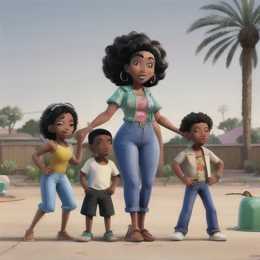 Prompt: A large African American family at a backyard BBQ in South Central Los Angeles in 1975 dancing and having fun. Include all shades of skin in Disney-styled art
