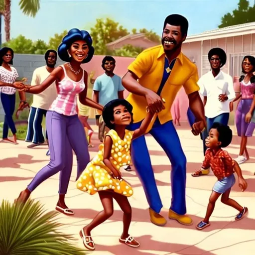 Prompt: A large African American family at a backyard BBQ in South Central Los Angeles in 1975 dancing and having fun. Include all shades of skin in Disney-styled art
