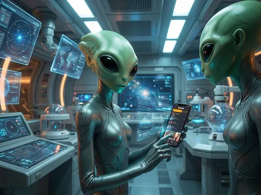 Prompt: @0v6lEtHlvs2M050xYa4G Scene 1 — Zeep Finds the App
ultra realistic extraterrestrial researchers inside a spaceship research lab, alien scientist named Zeep holding a human smartphone studying a dating app interface resembling Grindr, holographic data scanning the phone, Zeep looking curious and analytical while another alien stands beside him watching, glowing spaceship consoles and floating holographic screens, cinematic lighting, documentary photography style, ultra detailed, 8k
