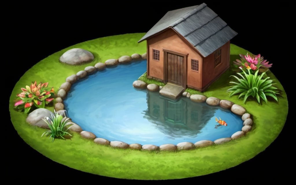 Prompt: fish pond image has house