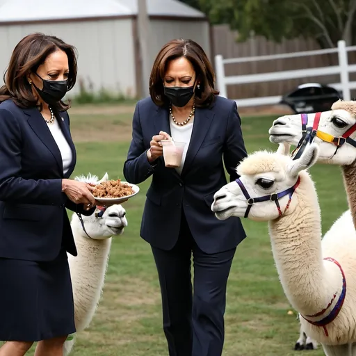 Prompt: Three versions of Kamala Harris feeding llamas