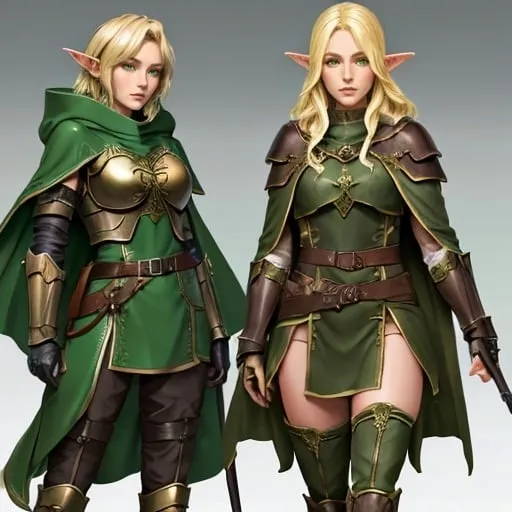 Prompt: Wood elf ranger, blonde long shaved at the sides, dark leather armour with green details, green cloak,