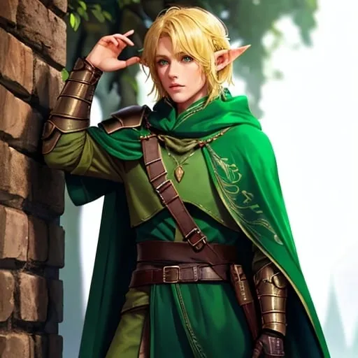 Prompt: Wood elf ranger, blonde long shaved at the sides, dark leather armour with green details, green cloak,