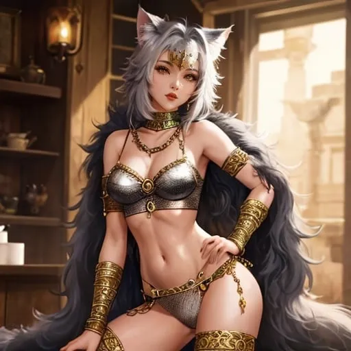 Prompt: Female furry cat tebaxi, loin cloth,  chain mail, furry skin