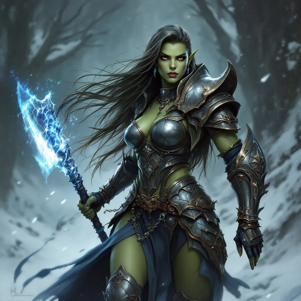 Prompt: draw for me a fantasy character, Jadira is a female orc warrior, but has elven heritage also. beauty of an elf, ferocity of an orc. her green skin is smooth and flawless. She wields a great axe, glinting with magical frost. and she is adorned in revealing style fantasy plate armor