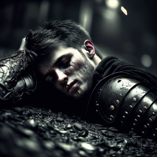 Prompt: A young man in armor and a black shawl is lying on the ground in pain. He is bleeding profusely.A young man in armor and a black shawl is lying on the ground in pain. He is bleeding profusely.