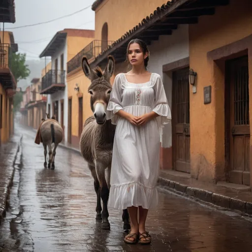 Prompt: Young woman in wet white dress, old Mexican town, donkey companion, rainy atmosphere, traditional setting, highres, detailed, realistic, vintage, wet cobblestone streets, rustic charm, atmospheric lighting, donkey with gentle demeanor, authentic Mexican vibe, traditional clothing, quaint architecture, overcast skies, emotional narrative
