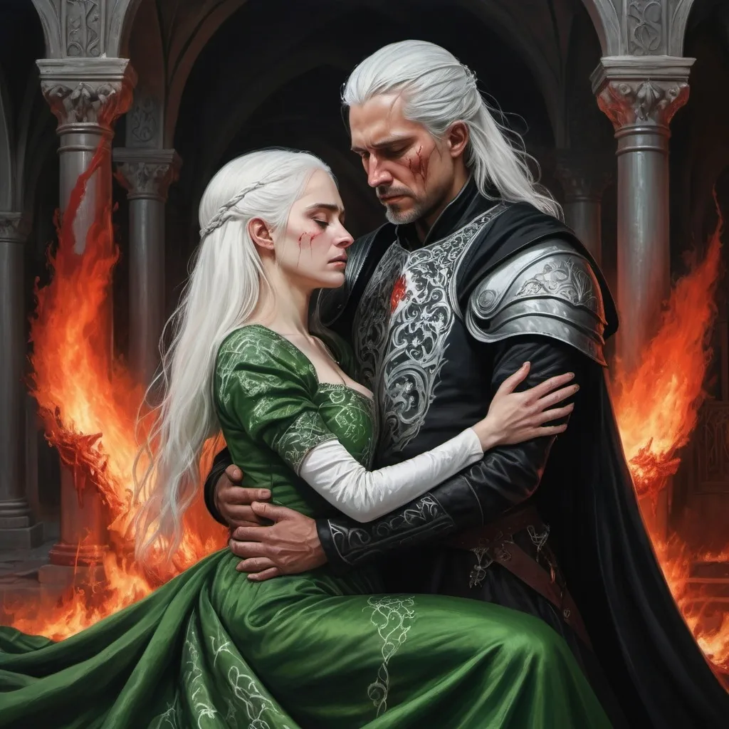 Prompt: realistic fantasy painting two Targaryens, bleeding woman with white hair, man with a semi-long white hair, wearing green and black detailed ornate medievel gowns, she is injured bleeding in his arms, forbidden love, dramatic scenery, powerful lighting, fire and blood