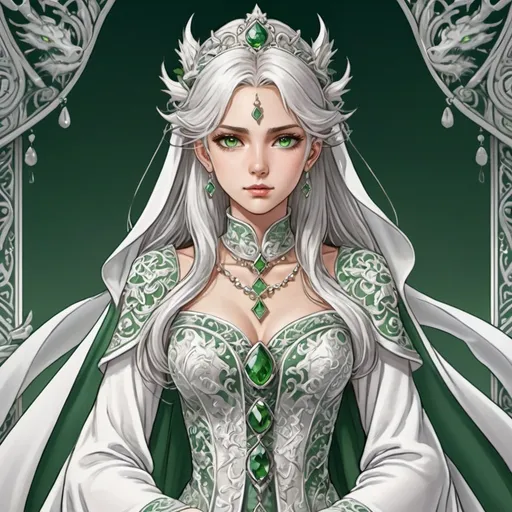 Prompt: tarot card Anime illustration, realistic, detailed ornate cloth robe, silver-haired princess, wedding gown, fierce, beautiful, white and green colour, her wedding outfit, royal, proud, dragon motive