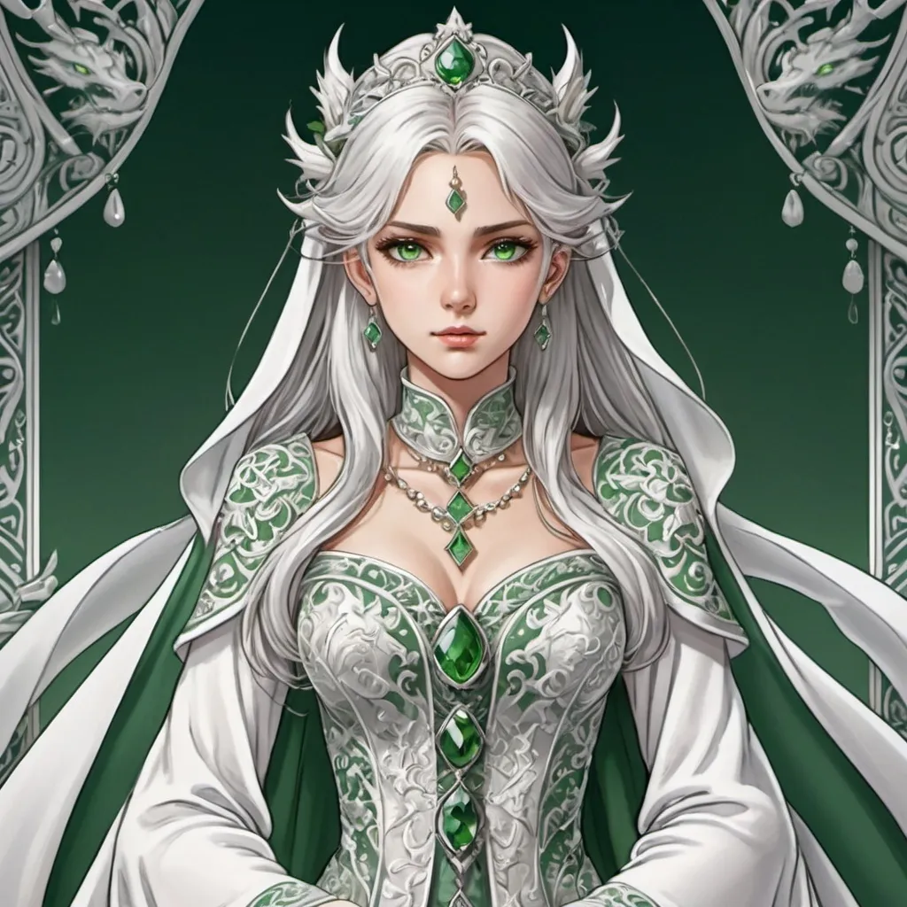 Prompt: tarot card Anime illustration, realistic, detailed ornate cloth robe, silver-haired princess, wedding gown, fierce, beautiful, white and green colour, her wedding outfit, royal, proud, dragon motive