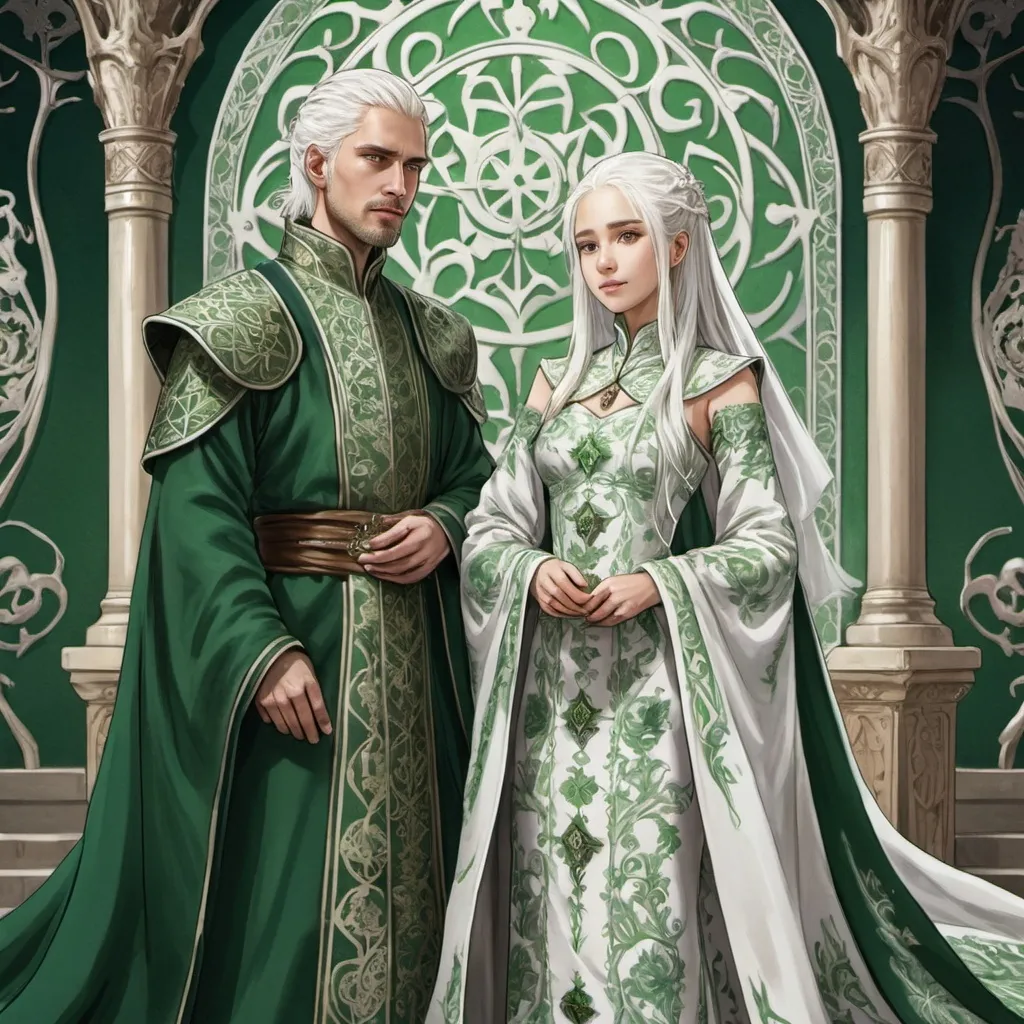 Prompt: tarot card Anime illustration, realistic, detailed ornate cloth robe, royal wedding, detail, less anime, two people, white and green colour, game of thrones themed, white hair, targaryens