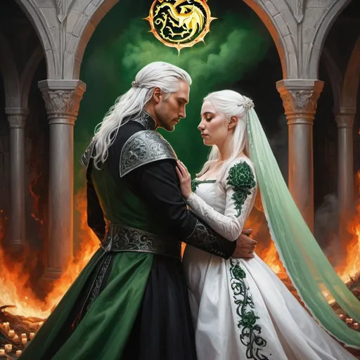 Prompt: realistic fantasy painting of a wedding ritual between two Targaryens, woman with white hair, man with a semi-long white hair, wearing green and black detailed ornate medievel gowns, fire and blood ritual, forbidden love, dramatic scenery, powerful lighting, she is pregnant