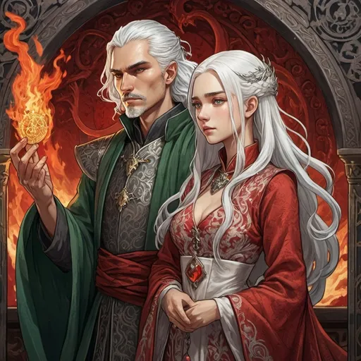 Prompt: tarot card Anime illustration, a silver-haired woman, detailed ornate cloth robe, dramatic lighting, tarot card Anime illustration, very mystic, detailed, onaments, white haired young Aemond Targaryen and Visenya Targaryen, tarot style, wedding, dramatic lighting, man in green, woman in red and white ornate cloth gloth medieval, game of thrones style, love and hate, a lot of detail, fire, dragon, fantasy