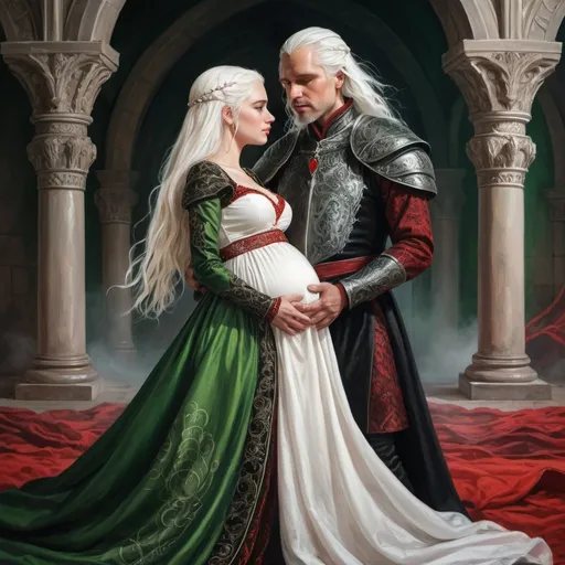 Prompt: realistic fantasy painting two Targaryens, a mildly pregnant princess woman with white hair, man with a semi-long white hair, wearing red-green and black detailed ornate medievel gowns, forbidden love, dramatic scenery, powerful lighting, happy moment