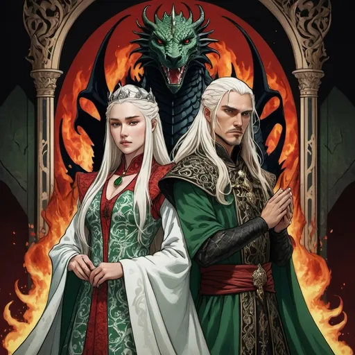 Prompt: tarot card Anime illustration, realistic, crowned queen Visenya Targaryen  and King Aemond Targaryen, warrior, white long hair, fierce, beautiful, detailed ornate cloth robe red-and-black, dramatic lighting, dragon ornaments, tall, handsome, dangerous, scarred face, wearing green cloth, Targaryens, Game of Thrones theme, fire, blood, dramatic