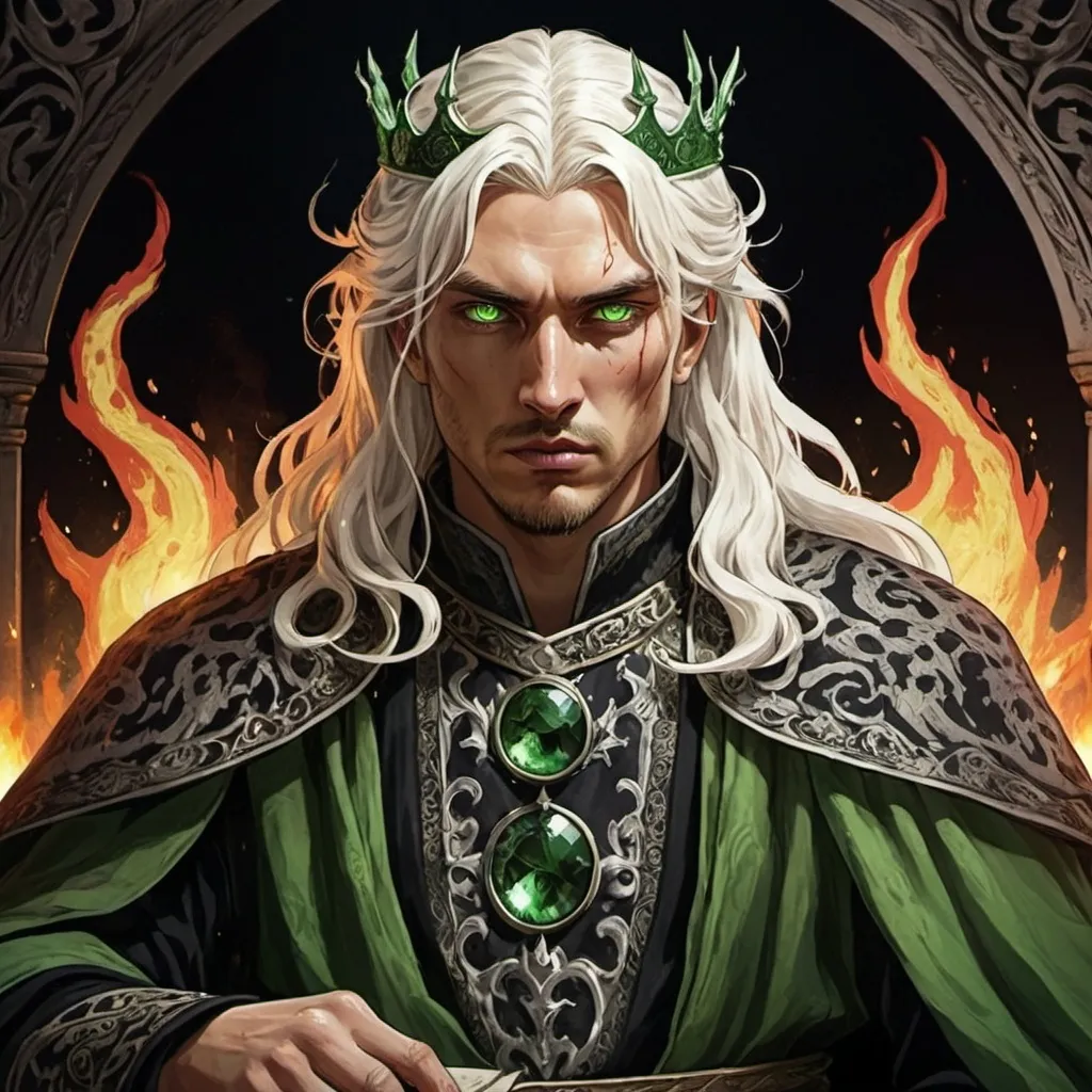 Prompt: tarot card Anime illustration, realistic, crowned King Aemond Targaryen, warrior, white semi-long hair, fierce, dangerous, detailed ornate cloth robe green-and-black, dramatic lighting, dragon ornaments, tall, handsome, dangerous, one eye, scarred face, wearing green cloth, Targaryens, Game of Thrones theme, fire, blood, dramatic