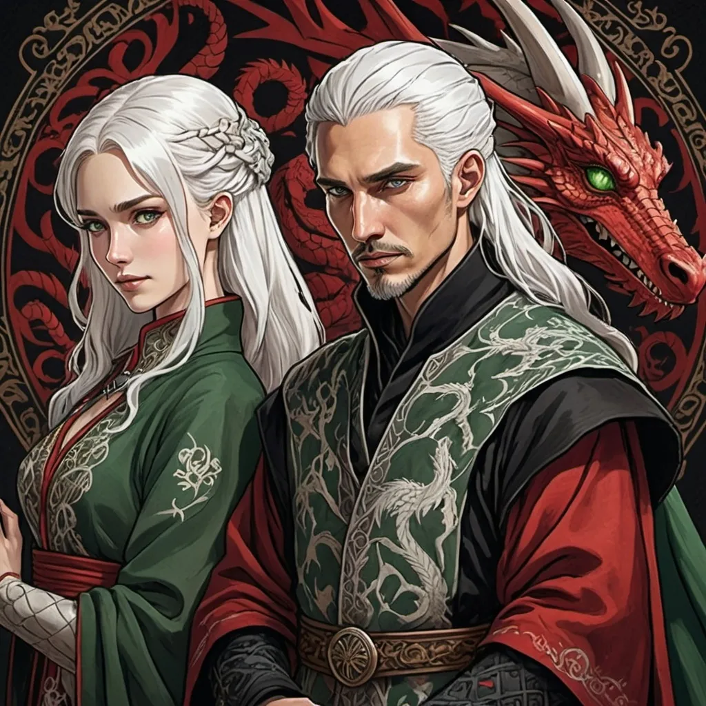 Prompt: tarot card Anime illustration, a white-haired woman, detailed ornate cloth robe red and black, dramatic lighting, dragon embrodery, with an arogant looking man, Aemond Targaryen, black and GREEN medieval clothing, Game of Thrones theme