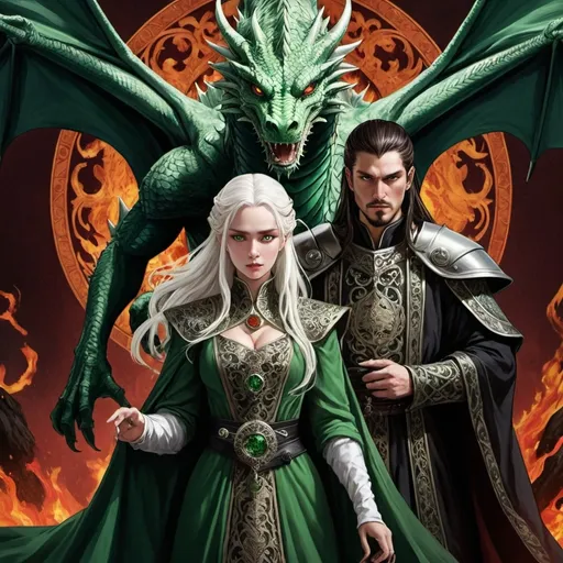 Prompt: tarot card Anime illustration, realistic, crowned King Aemond Targaryen and Queen Visenya Targaryen, warrior, white semi-long hair, fierce, dangerous, detailed ornate cloth robe green-and-black, dramatic lighting, dragon ornaments, tall, handsome, dangerous, one eye, scarred face, wearing green cloth, Targaryens, Game of Thrones theme, fire, blood, dramatic, dragon