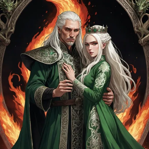 Prompt: tarot card Anime illustration, realistic, crowned King Aemond Targaryen and Queen Visenya Targaryen, wedding, white long hair, fierce, dangerous, detailed ornate cloth robe green-and-black, dramatic lighting, dragon ornaments, tall, handsome, dangerous, one eye, scarred face, wearing green cloth, Targaryens, Game of Thrones theme, fire, blood, dramatic, dragon