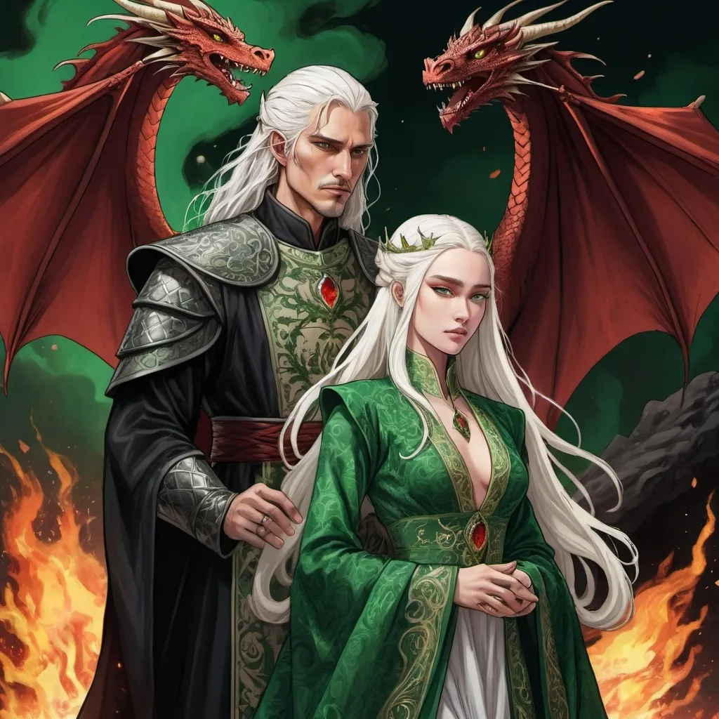 Prompt: tarot card Anime illustration, realistic, crowned King Aemond Targaryen and Queen Visenya Targaryen, wedding, white long hair, fierce, dangerous, detailed ornate cloth robe green-and-black, dramatic lighting, dragon ornaments, tall, handsome, dangerous, one eye, scarred face, wearing green cloth, Targaryens, Game of Thrones theme, fire, blood, dramatic, dragon