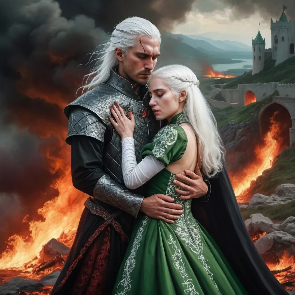 Prompt: realistic fantasy painting two Targaryens, bleeding woman with white hair, man with a semi-long white hair, wearing green and black detailed ornate medievel gowns, she is injured bleeding in his arms, forbidden love, dramatic scenery, powerful lighting, fire and blood