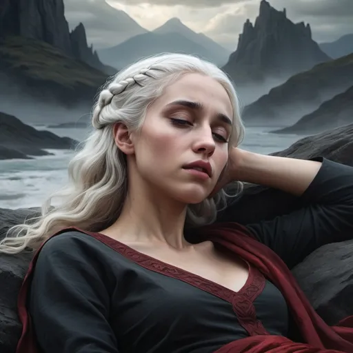 Prompt: fantasy realistic mystic painting of Visenya Targaryen dying, dramatic scenery