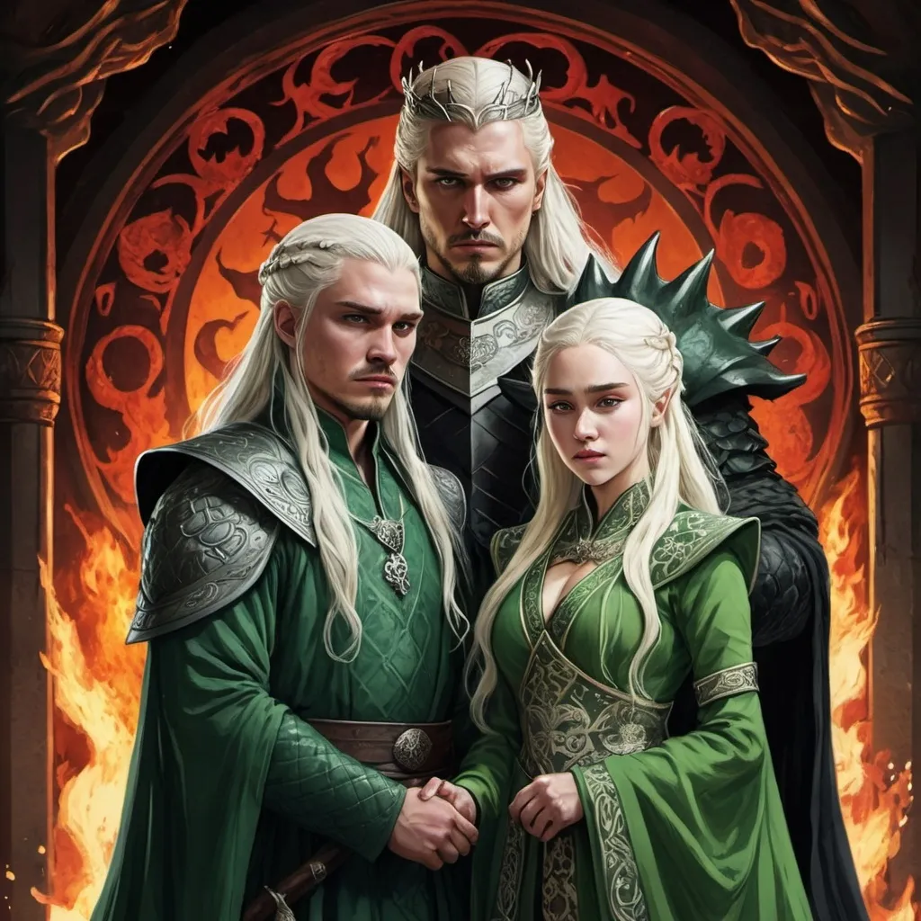 Prompt: tarot card Anime illustration, realistic, crowned King Aemond Targaryen and Queen Visenya Targaryen, both together, warrior, white semi-long hair, fierce, dangerous, detailed ornate cloth robe green-and-black, dramatic lighting, dragon ornaments, tall, handsome, dangerous, one eye, scarred face, wearing green cloth, Targaryens, Game of Thrones theme, fire, blood, dramatic, dragon