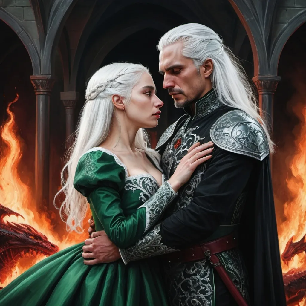 Prompt: realistic fantasy painting two Targaryens, a bleeding woman with white hair, man with a semi-long white hair, wearing green and black detailed ornate medievel gowns, forbidden love, dramatic scenery, powerful lighting, fire and blood