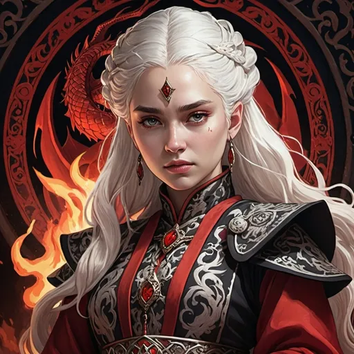 Prompt: tarot card Anime illustration, realistic, queen Visenya Targaryen, warrior, white ong hair, fierce, beautiful, detailed ornate cloth robe red-and-black, dramatic lighting, dragon ornaments, Targaryens, Game of Thrones theme, fire, blood, dramatic